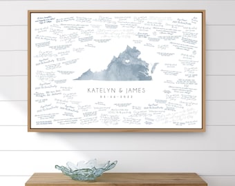 Wedding GUESTBOOK alternative > Virginia state map guest book for Charlottesville wedding, Dusty blue watercolor art {mfo}