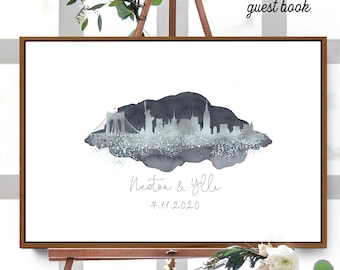 Wedding Guest Book Alternative > New York skyline sign, Faux metallic silver and gray watercolor print, Manhattan wedding guestbook canvas