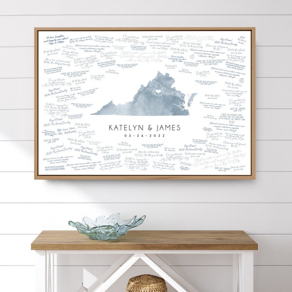 Wedding GUESTBOOK alternative > Virginia state map guest book for Charlottesville wedding, Dusty blue watercolor art {mfo}