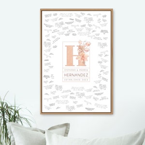 Monogram Guestbook Alternative, wedding logo canvas, custom last name guest book to pass around and sign, coral pink flower monogram {mow}