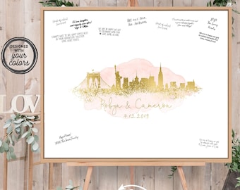 Wedding Guest Book Alternative > New York City skyline guestbook, Blush watercolor and faux metallic gold print, Canvas sign for wedding