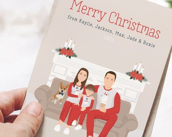 Unique Christmas cards > Custom cartoon art drawing from photo, Holiday cards with personalized family portrait in matching snowman pajamas