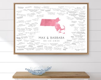 GUEST BOOK wedding alternative, Massachusetts state map guest book for Boston wedding, wedding guestbook sign, pink watercolor art {mfo}