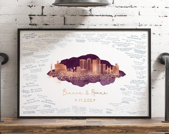 Wedding Guest Book Alternative • Birmingham skyline sign for Alabama wedding • Faux Metallic Rose Gold & Royal Purple watercolor canvas