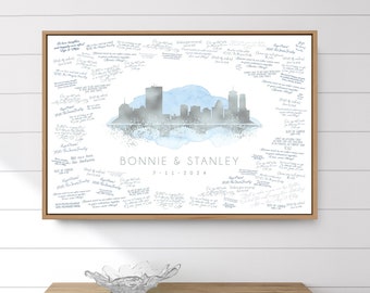 Wedding Guest Book Alternative • Boston Skyline Wall Art • Massachusetts Canvas Guestbook Gift • Faux Metallic Silver and Blue Watercolor