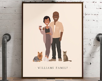 Family portrait with pets and hobbies > Custom illustration from photo with neutral beige and mauve colors, Large framed drawing of couple