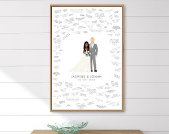 Wedding guest book alternative canvas • Custom drawing of newlywed couple with blue flowers • Personalized wedding portrait gift art