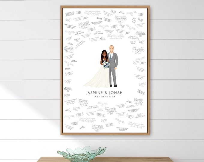 Wedding guest book alternative canvas • Custom drawing of newlywed couple with blue flowers • Personalized wedding portrait gift art