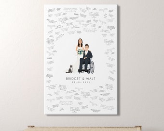 Wedding guest book alternative canvas • Custom drawing of newlywed couple with groom in wheelchair • Personalized portrait gift art