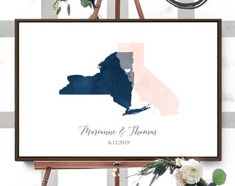 Wedding Guest Book Alternative > Navy & blush watercolor guest book map, Custom state or country map guestbook {moa}