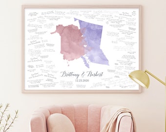 Lavender Wedding Guest Book Alternative > Mauve Pink and Purple Watercolor Guestbook (Custom Map of Countries, States, or Provinces) {moa}