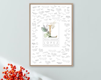 wedding Guestbook Alternative, wedding logo canvas guest book print, greenery with gold monogram, last name custom framed guestbook {mow}