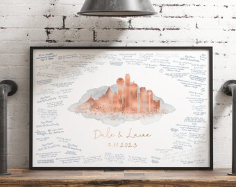 wedding guest book alternative, DALLAS SKYLINE, personalized wedding keepsake, Custom city guestbook, rose gold on light gray watercolor