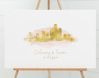 Detroit Skyline Wedding Guest Book Alternative, Faux Metallic Gold on Blush Watercolor, Wedding Guestbook to Sign, Gift for Bride and Groom