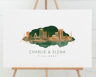 Wedding Guest Book Alternative • Charleston Skyline Wall Art • South Carolina Canvas Guestbook Gift • Faux Copper & Forest Green Watercolor