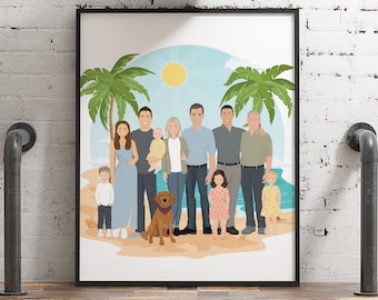 Custom Extended Family Portrait with Kids & Dog, Personalized Beach Drawing from Photos, Fun Group Christmas Gift for Parents, Grandparents