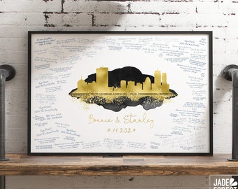 Wedding Guest Book Alternative • Boston Skyline Wall Art • Massachusetts Canvas Guestbook Gift • Faux Metallic Gold and Black Watercolor