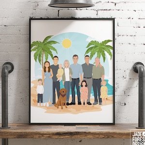 Custom Extended Family Portrait with Kids & Dog, Personalized Beach Drawing from Photos, Fun Group Christmas Gift for Parents, Grandparents
