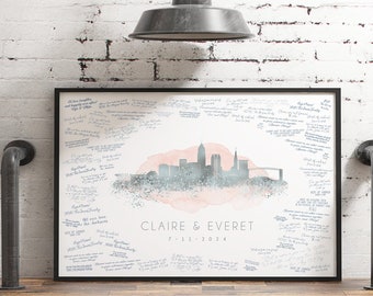 Cleveland Skyline Wedding Guestbook to Sign, Silver on Blush Watercolor, Wedding Guest Book Alternative, Gift for Bride & Groom