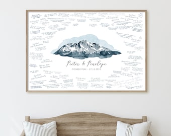 Wedding GUESTBOOK alternative • Pioneer Peak mountain guest book canvas • Alaska wedding idea • Indigo blue digital watercolor art {oio}