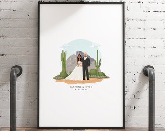 Wedding guest book alternative for southwestern ceremony • Personalized portrait with cactus • Custom wedding gift for couple • DESERT SCENE