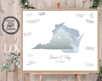 Wedding Guest Book Alternative > Dusty blue watercolor & faux metallic silver guestbook canvas, State or country map guest book