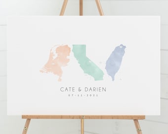 Guest Book Alternative > wedding map guestbook canvas with 3 countries or states, pastel watercolor state map {mfm}