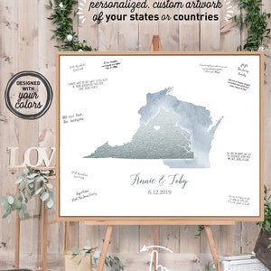Wedding Guest Book Alternative > Dusty blue watercolor & faux metallic silver guestbook canvas, State or country map guest book