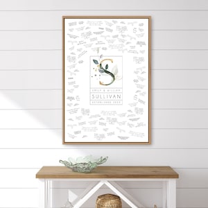 Custom Wedding Guest Book: Greenery Monogram, Gold Canvas, Framed