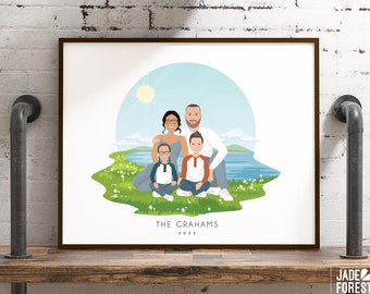 Personalized Family Portrait Canvas > Custom drawn cartoon art print  • Unique Christmas gift for Wife or husband • LAKE SCENE