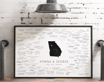 Wedding GUEST BOOK alternative, Georgia state map guest book for Atlanta wedding, wedding guest book signs, onyx black watercolor art {mfo}