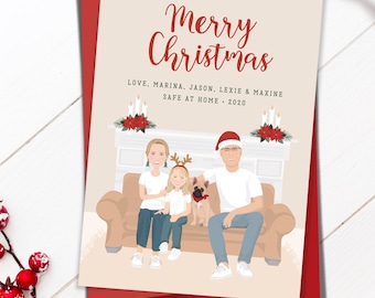 Custom portrait holiday cards > Personalized family illustration on couch with Christmas decor. Funny festive quarantine art in cozy colors.