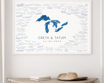 wedding GUEST BOOK alternative • the Great Lakes map guestbook • deep blue watercolor art (custom lake shape) {mfl}