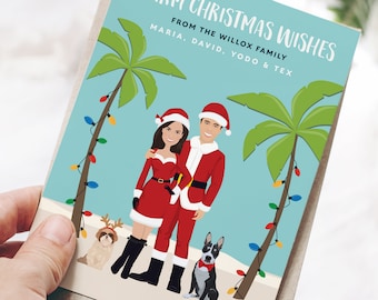 Tropical Christmas Cards. Portrait Holiday Card in Santa Outfits with Palm Trees, Beach and Ocean. Warm Christmas Wishes. 100% Recycled