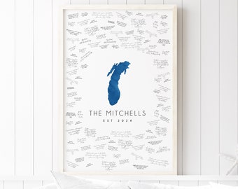 custom GUEST BOOK alternative for lakeside wedding, Lake Michigan watercolor guestbook to sign, lake shape guest book wedding keepsake {mfl}