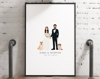 Wedding guest book alternative • Elegant drawing of newlywed couple with two dogs • Personalized wedding portrait wall art canvas