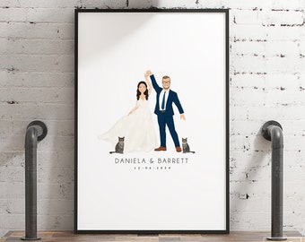 Portrait guest book alternative canvas • Custom wedding cartoon with cats • First dance art • Personalized couple dancing drawing from photo