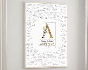 Wedding Guest Book Alternative, custom monogram guestbook canvas, black and gold initial with last name, large framed guest book {mow}