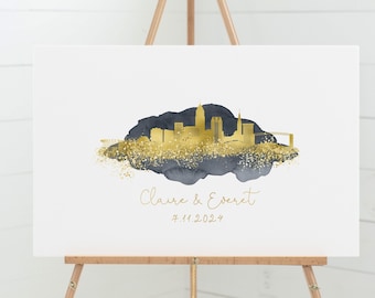 WEDDING GUEST BOOK Alternative, Cleveland Skyline Wedding Guestbook, Gold on Dark Gray Watercolor, Guest Book to Sign at Wedding Reception