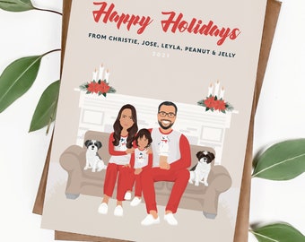 Personalized holiday cards > Matching pajamas family portrait cartoon drawing from photo, Unique Christmas cards, fireplace & poinsettia art