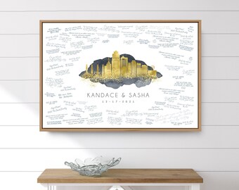 Wedding Guest Book Alternative > Kansas City skyline sign for wedding reception, Charcoal gray watercolor & faux gold canvas gift for couple