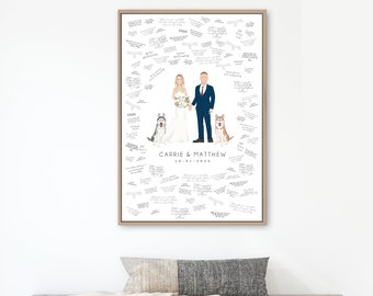 custom wedding guestbook alternative, bride and groom with dogs, wedding portrait canvas print, personalized wedding caricature with dogs