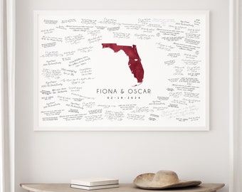 Wedding GUEST BOOK alternative, Florida state map guest book for Orlando wedding, wedding guest book signs, dark red watercolor art {mfo}