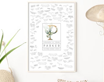 Wedding Guest Book Alternative, custom monogram guestbook canvas, gold with greenery, initial with last name, large framed guest book {mow}