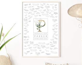 Wedding Guest Book Alternative, custom monogram guestbook canvas, gold with greenery, initial with last name, large framed guest book {mow}