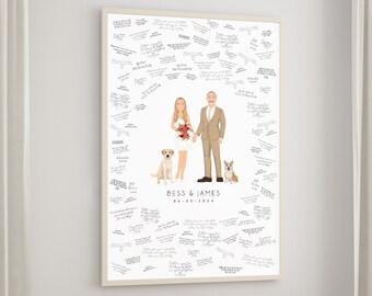 custom wedding guestbook portrait, newlyweds with dogs custom drawing, wedding portrait canvas print, wedding caricature with dogs