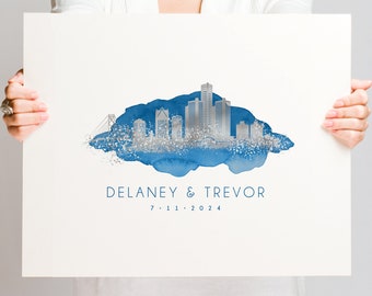 Wedding Guest Book Alternative, Detroit Skyline Wall Art, Silver and Blue Watercolor, Wedding Guestbook to Sign and Hang, Wedding Keepsake