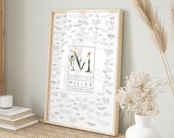 Greenery and Gold Monogram Canvas Guest Book Print with Custom Last Name, Minimalist Wedding Guestbook Alternative {mow}