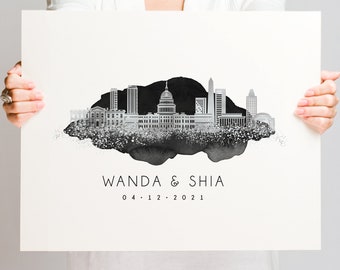 Skyline guestbook alternative • Washington DC wedding sign  • Faux Metallic Silver & Black watercolor guestbook canvas wall art