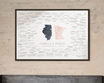 Wedding Guest Book Alternative with Two State Maps, Illinois and Minnesota Shown, Can Be Personalized, Dark Gray and Blush Watercolor {mfm}